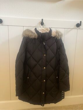 Ralph Lauren Black Quilted Puffer Coat with Faux Fur Trim